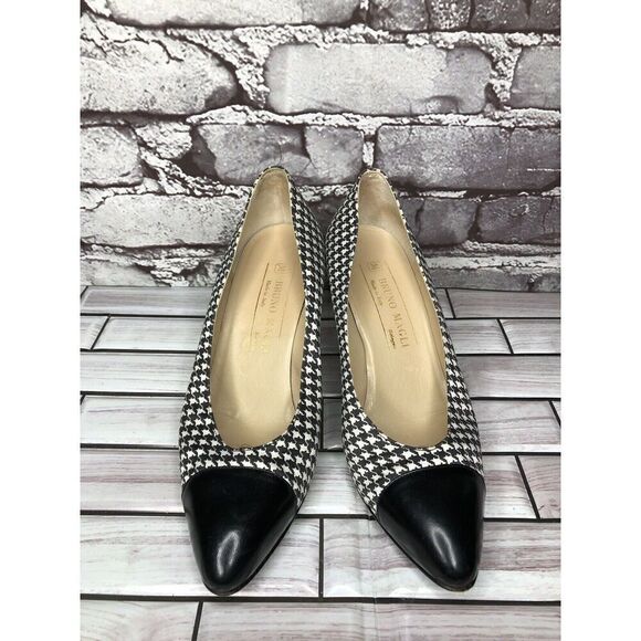 Vintage 80's BRUNO MAGLI Black White Pattern Cap Toe Heels Women Sz 6B US/36.5EU - Picture 3 of 16